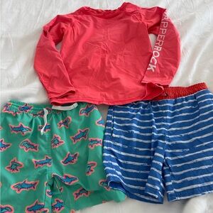 Kids Coral Long-Sleeve Swim Top with Green Shark & Blue Stripe Swim Shorts Set